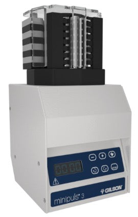 Gilson Minipuls 3 Peristaltic Pump comes with R-8 eight channel pump head , 0.3 μL/min to 40 mL/min (1.8L/h, 4mm tubing).