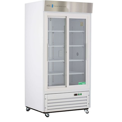 Standard Chromatography Refrigerator 33 Cu. Ft. Double Slide Glass Door with microprocessor temperature controller, audible and visual high/low temp alarms, remote alarm contacts, one duplex outlet, one 2" access port and casters. Requires two (2) outlets
